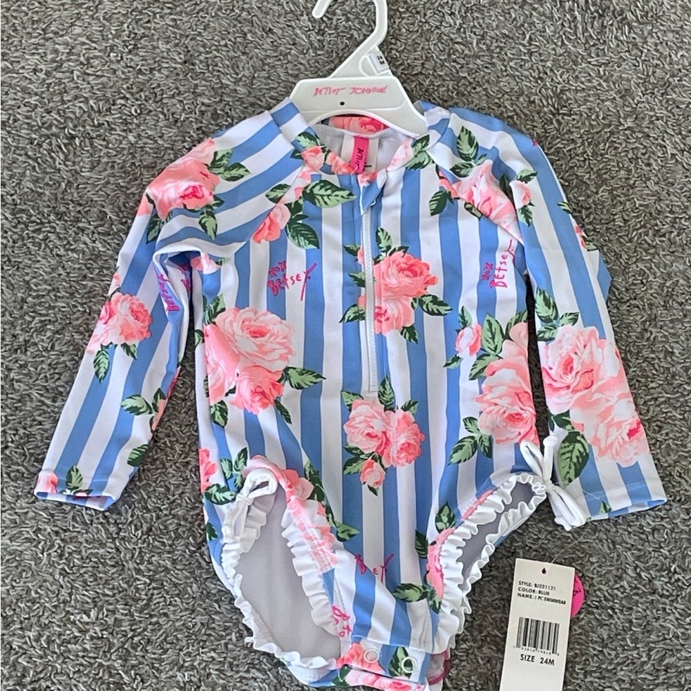 24M Betsey Johnson Blue and Pink Floral Kids Rashguard long sleeve swimsuit